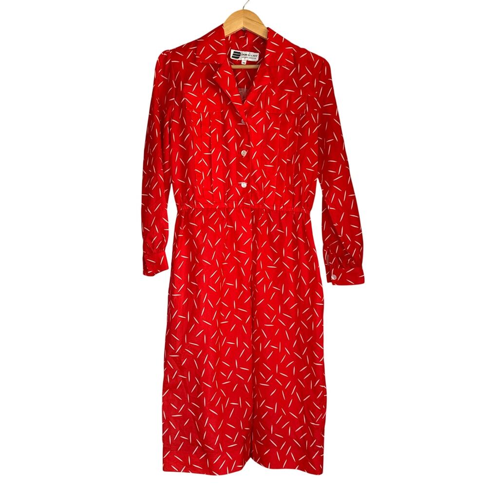 Vintage 80s Structured Red Midi Dress Size 10 Print Long Sleeve Retro Secretary